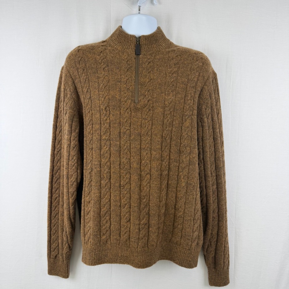 Scott Barber Mens XL Brown Cable Knit Merino Wool Blend Quarter Zip Sweater